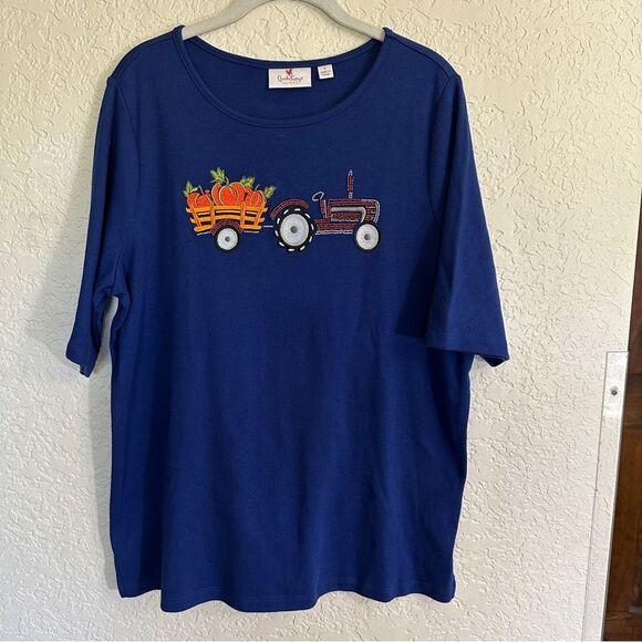Quacker Factory Blue Embroidered Embellished Knit Fall Halloween Shirt Top Large - Picture 3 of 10